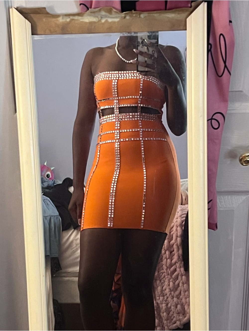 Fashion Nova Orange Rhinestone-Trim Strapless Cutout Mini Dress
